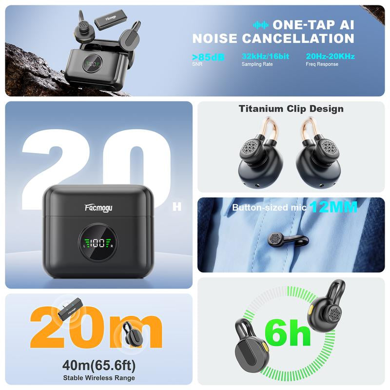 Facmogu Q28 Mini Wireless Lavalier Microphone with USB-C Interface Noise Cancellation for Iphone 15/16/17 & Android Phones Ideal for Youtube Tiktok Podcasts Recording & Video Shooting - Remote