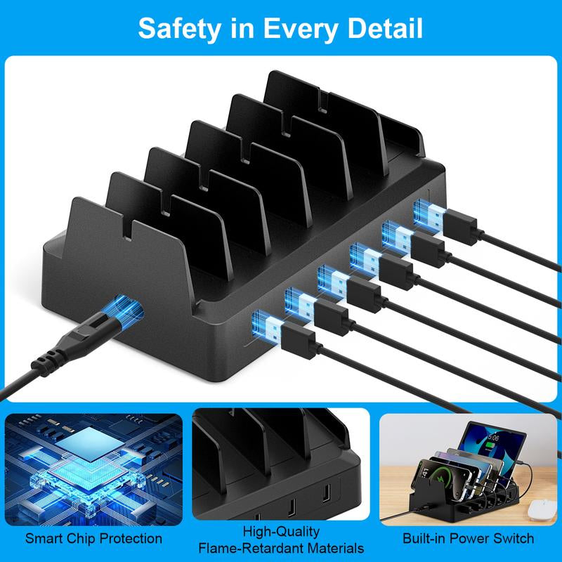 COZOME Charging Station for Multiple Devices 6 USB Ports Family Charger Compatible with Apple Iphone Ipad Android Phones Tablets User Friendly Design