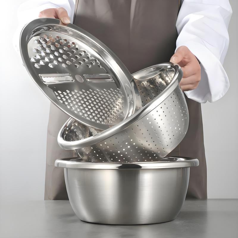 Versatile 3-In-1 Stainless Steel Strainer Set: Basin, Sieve, and Cutter for Effortless Washing of Rice, Fruits, and Vegetables