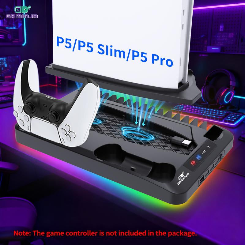 GAMINJA P58 Charging Base Cooling Bracket for PS5 Console, Vertical Stand with Cooling Fan, Multi-Functional Cooling & Charging Station, Universal for PS5 Slim/Pro All Models, Low Noise Cooling