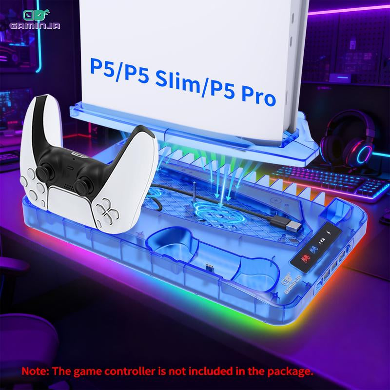 GAMINJA P58 Charging Base Cooling Bracket for PS5 Console, Vertical Stand with Cooling Fan, Multi-Functional Cooling & Charging Station, Universal for PS5 Slim/Pro All Models, Low Noise Cooling
