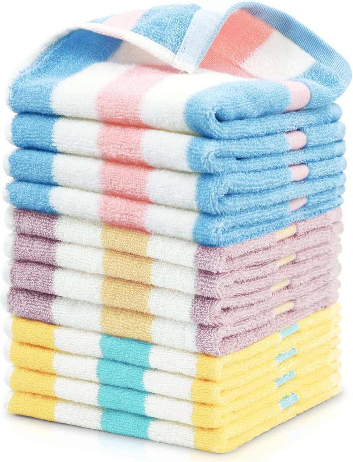 Cotton 12 Pack Striped Washcloths, 13 X 13 Inches, 3 Colors - Face and Body Cleansing Towels