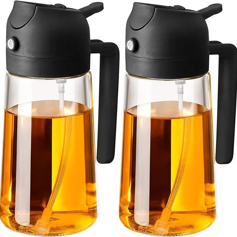2 Pack 16Oz/470Ml Glass Olive Oil Sprayer for Cooking with Stickers, 2 in 1 Oil Dispenser for Kitchen Gadgets, Food Grade Premium Spray Bottle with Portion Control for Salad, Frying, BBQ