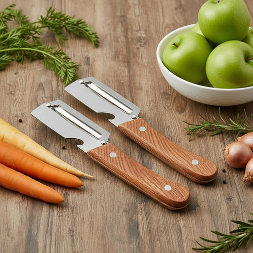 2-Pack 2-In-1 Vegetable & Fruit Peeler with Stainless Steel Blade and Bottle Opener, Wooden Handle Kitchen Tool for Potatoes, Apples, Zucchini, Papaya & Pumpkin
