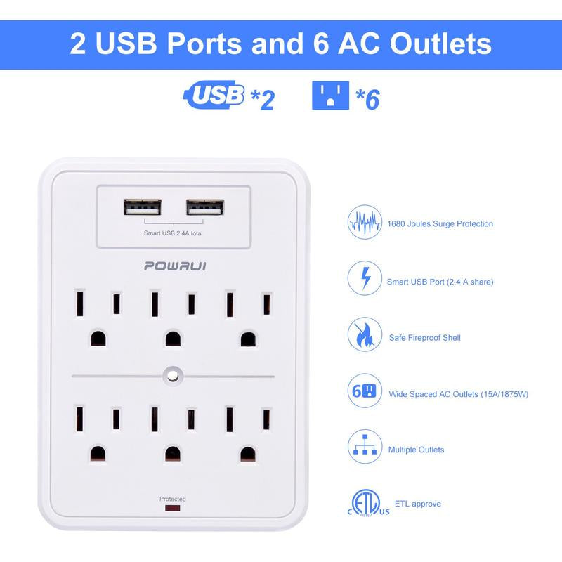 POWRUI Surge Protector, USB Wall Charger with 2 USB Charging Ports(Smart 2.4A Total), 6-Outlet Extender and Top Phone Holder for Your Cell Phone, White, ETL Listed