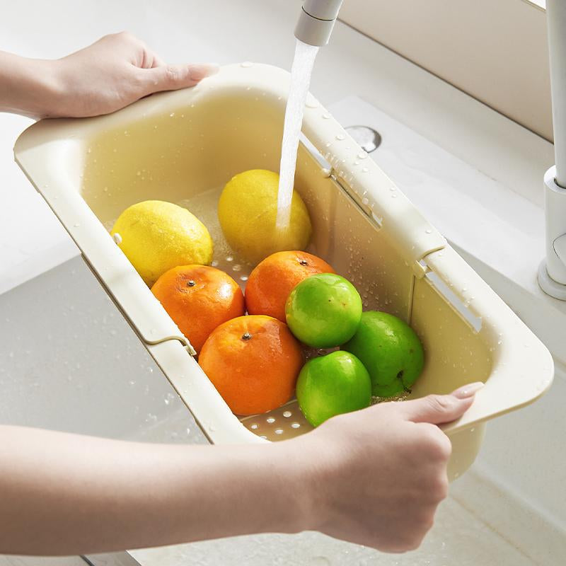 UFORU Collapsible Drain Basket, Kitchen Sink Strainer, Vegetable Wash Basket, Storage Rack, Fruit and Vegetable Drain Basket, Milky White,Draining Utensils,
