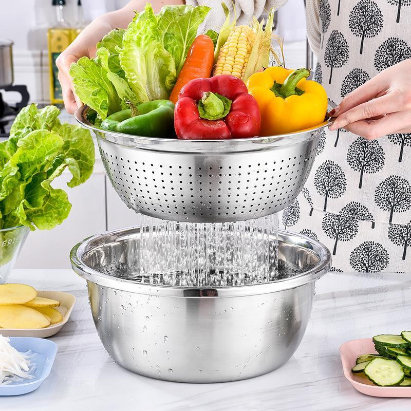 Versatile 3-In-1 Stainless Steel Strainer Set: Basin, Sieve, and Cutter for Effortless Washing of Rice, Fruits, and Vegetables