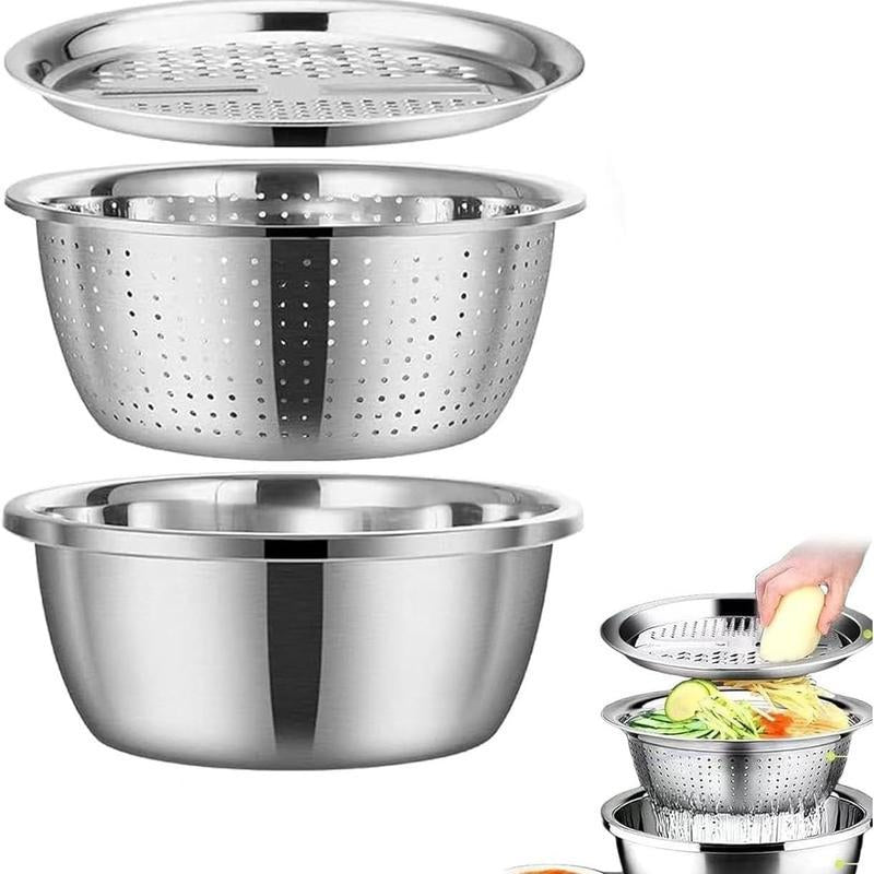 Versatile 3-In-1 Stainless Steel Strainer Set: Basin, Sieve, and Cutter for Effortless Washing of Rice, Fruits, and Vegetables