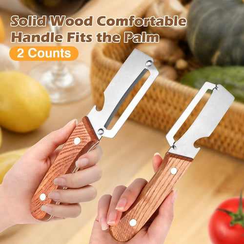 2-Pack 2-In-1 Vegetable & Fruit Peeler with Stainless Steel Blade and Bottle Opener, Wooden Handle Kitchen Tool for Potatoes, Apples, Zucchini, Papaya & Pumpkin