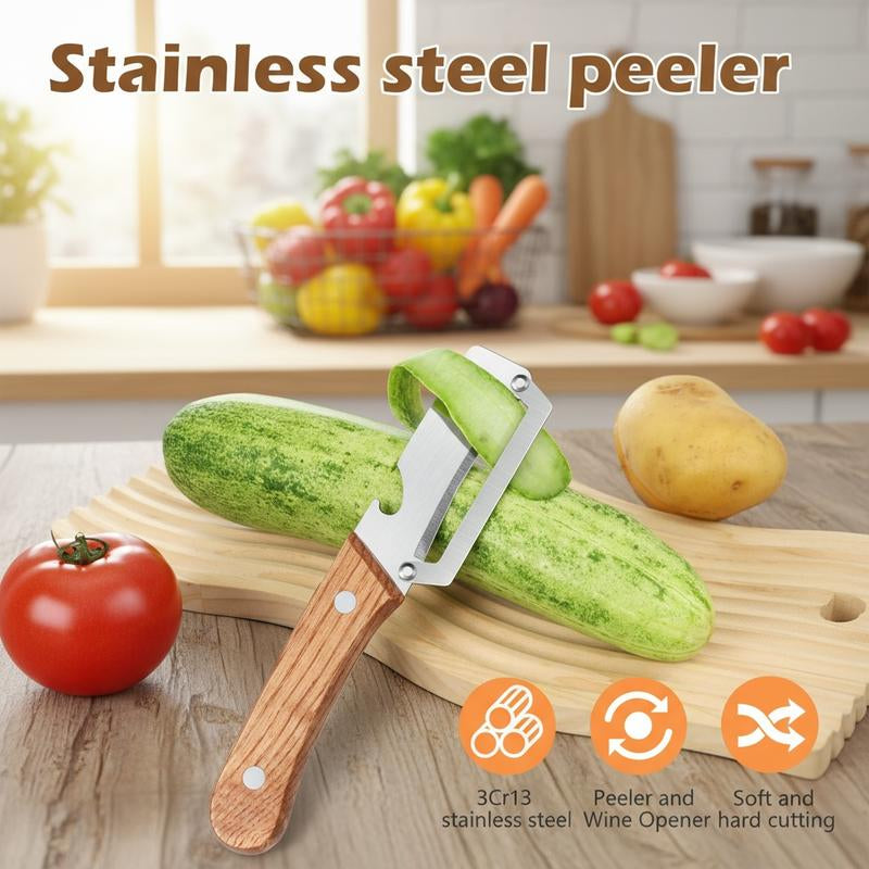 2-Pack 2-In-1 Vegetable & Fruit Peeler with Stainless Steel Blade and Bottle Opener, Wooden Handle Kitchen Tool for Potatoes, Apples, Zucchini, Papaya & Pumpkin