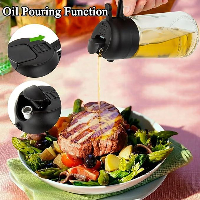 2 Pack 16Oz/470Ml Glass Olive Oil Sprayer for Cooking with Stickers, 2 in 1 Oil Dispenser for Kitchen Gadgets, Food Grade Premium Spray Bottle with Portion Control for Salad, Frying, BBQ