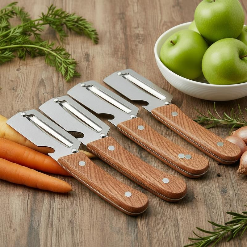 2-Pack 2-In-1 Vegetable & Fruit Peeler with Stainless Steel Blade and Bottle Opener, Wooden Handle Kitchen Tool for Potatoes, Apples, Zucchini, Papaya & Pumpkin