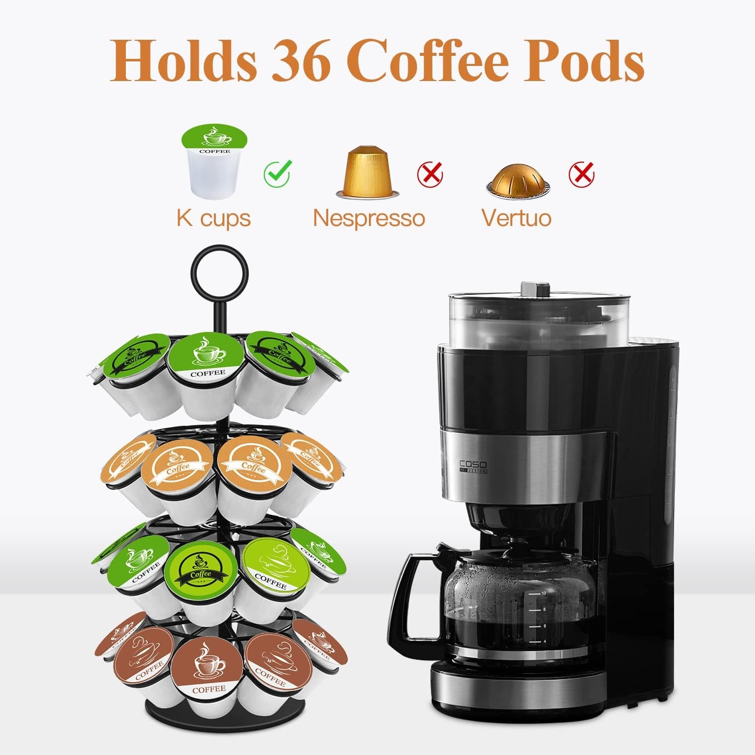 Coffee Pod Holder, K Cup Organizer Compatible with K-Cups(36 Pods), Kitchen Detachable Coffee Pod Organizer for Countertop, Spins 360-Degrees