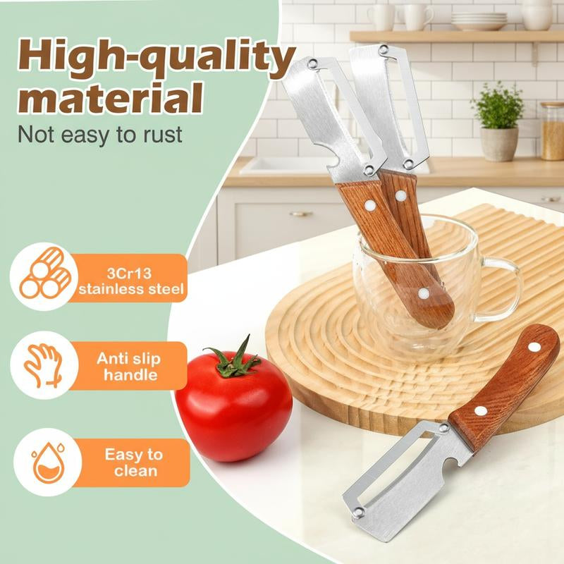 2-Pack 2-In-1 Vegetable & Fruit Peeler with Stainless Steel Blade and Bottle Opener, Wooden Handle Kitchen Tool for Potatoes, Apples, Zucchini, Papaya & Pumpkin