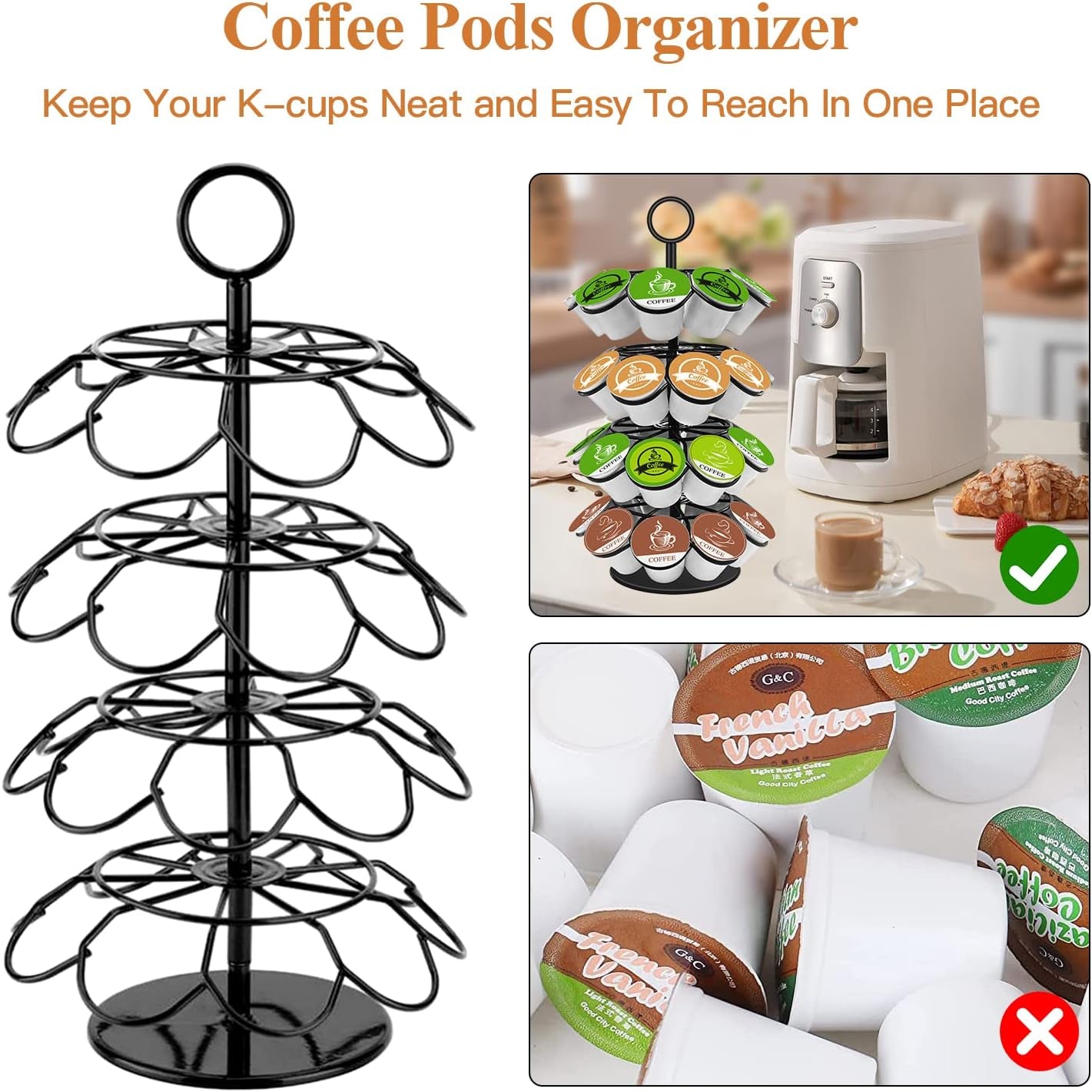 Coffee Pod Holder, K Cup Organizer Compatible with K-Cups(36 Pods), Kitchen Detachable Coffee Pod Organizer for Countertop, Spins 360-Degrees