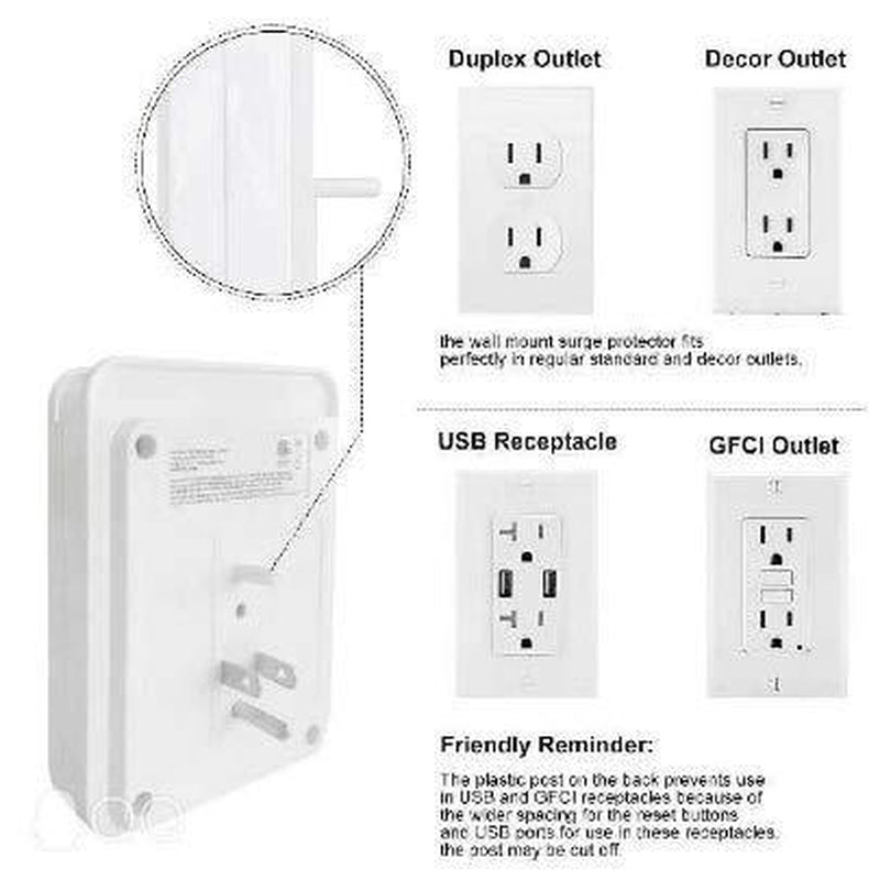 POWRUI Surge Protector, USB Wall Charger with 2 USB Charging Ports(Smart 2.4A Total), 6-Outlet Extender and Top Phone Holder for Your Cell Phone, White, ETL Listed