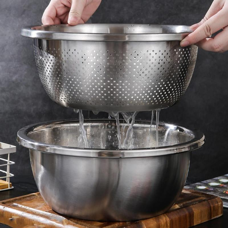 Versatile 3-In-1 Stainless Steel Strainer Set: Basin, Sieve, and Cutter for Effortless Washing of Rice, Fruits, and Vegetables